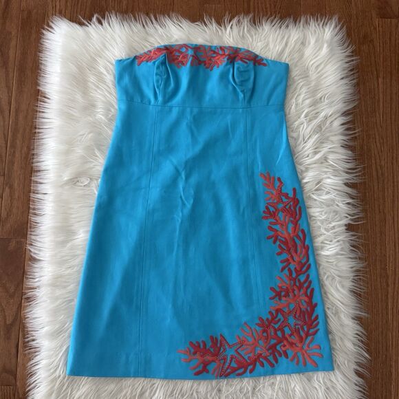 Lilly Pulitzer Dress Women’s Size 0 Coral Reef Embroidered Blue Strapless Beach - Picture 1 of 10